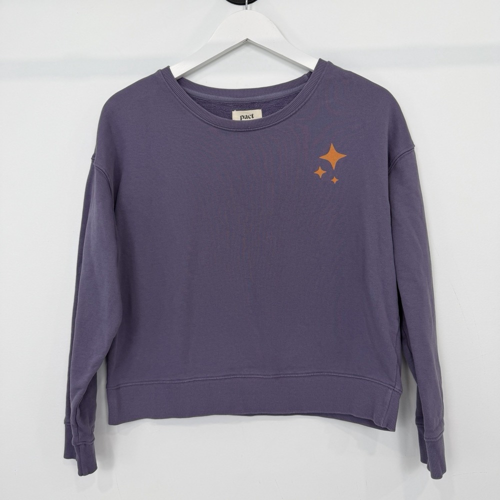 Pact Womens M Purple Celestial Moon Stars Organic Cotton Sweatshirt Pullover